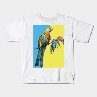 Rosella Parrot Watercolor Painting on Blue Kids T-Shirt